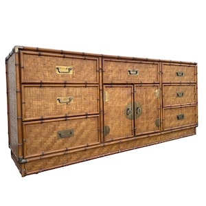 Rattan Dresser by Dixie with Faux Bamboo, Woven Herringbone Wicker & 9 Drawers - Vintage Campaign Hollywood Regency Coastal Style Furniture