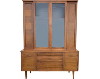 MidCentury Modern China Cabinet with Glass Display Wood Hutch and 3 Dovetailed Drawers - Vintage MCM Walnut Wooden Furniture