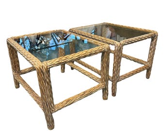 Rattan and Glass End Tables Set of 2 - Vintage Natural Rope Side Table Pair - Coastal Boho Chic Hollywood Regency MCM Furniture