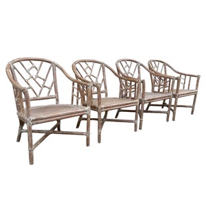 Set of 4 Rattan Arm Chairs with Chinese Chippendale Backs & Cane Seats - Vintage Chinoiserie White Wash Faux Bamboo Wood Hollywood Regency