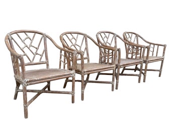 Set of 4 Rattan Arm Chairs with Chinese Chippendale Backs & Cane Seats - Vintage Chinoiserie White Wash Faux Bamboo Wood Hollywood Regency