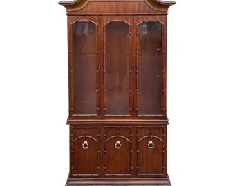 Chinoiserie China Cabinet with Faux Bamboo - Vintage Illuminated Glass & Wood Display Hutch Hollywood Regency Coastal Furniture