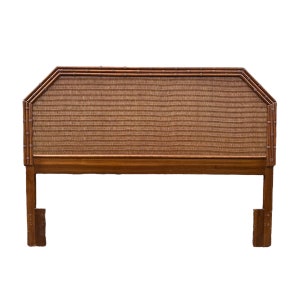 Natural Rattan Queen Headboard with Faux Bamboo Wood by American of Martinsville - Vintage and Wicker Hollywood Regency Full Coastal Style