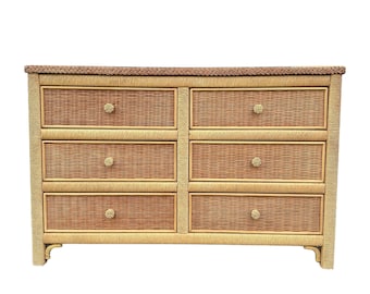 Henry Link Wicker Dresser with 6 Drawers 46” Long - Vintage Natural Wrapped Rattan Coastal Boho Chic Furniture