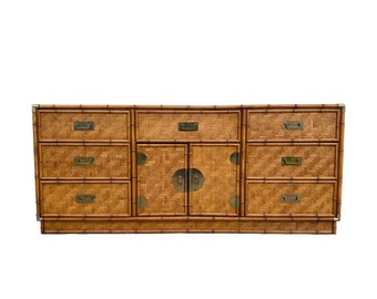 Vintage Dresser by Dixie with Faux Bamboo, Woven Herringbone Rattan and 9 Drawers - Campaign Hollywood Regency Coastal Style Furniture