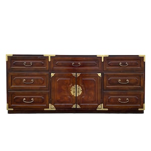 Campaign Dresser by Bernhardt 72&quot; - Vintage Chinoiserie Hollywood Regency Asian Style Wood & Brass Credenza with 9 Drawers