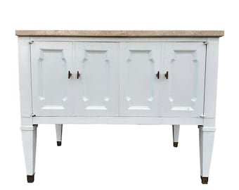 White End Table with Terrazzo Stone Top 28x18x22”H - Vintage Commode Nightstand or Accent Storage Cabinet in French Country Style