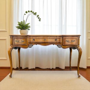 French Provincial Vanity Table with Mirror by Thomasville 50” - Vintage Wood Makeup Desk, Elegant Cabriole Legs, Romantic Country Cottage