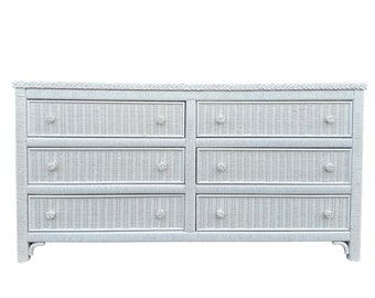 Henry Link Wicker Dresser with 6 Drawers 58” Long - Vintage Lexington White Wrapped Rattan Coastal Boho Chic Furniture