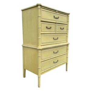 Henry Link Bali Hai Tallboy Dresser 1970s Vintage Yellow Wash Two Tier Faux Bamboo Chest of 5 Drawers Hollywood Regency Coastal Furniture image 9