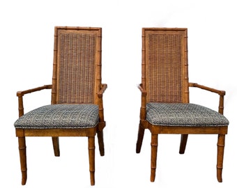 Set of 2 Rattan Dining Arm Chairs - Vintage American of Martinsville Faux Bamboo Wicker Wood Hollywood Regency Coastal Palm Beach Furniture