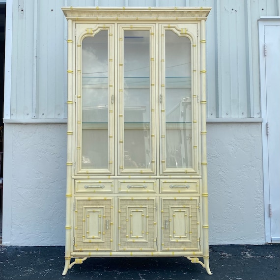 Vintage Faux Bamboo China Cabinet by Stanley Illuminated