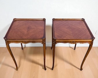 Vintage French Provincial End Tables - Carved Wood Parquet Top Side Tables - a Pair