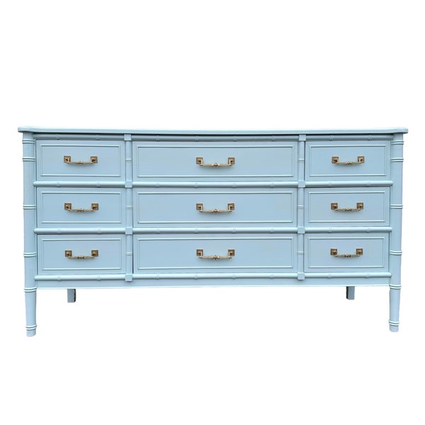 Henry Link Bali Hai Dresser Painted Tropical Mist Blue & Brass Gold - Vintage Faux Bamboo 9 Drawer Credenza Hollywood Regency Coastal Table