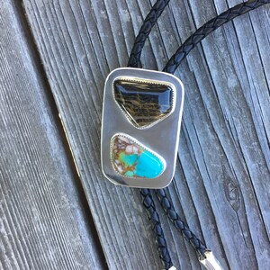 Large Turquoise and Oregon petrified wood bolo tie. Awesome combination. Sterling silver. Handcrafted. Men, women,  wedding, birthday.