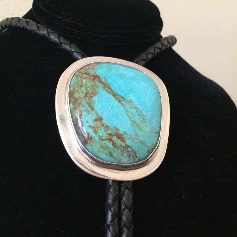Kingman turquoise sterling silver bolo tie Western wedding birthday men women unisex Zoom attire Handcrafted Approx 1 1 2 x 1 12 inches