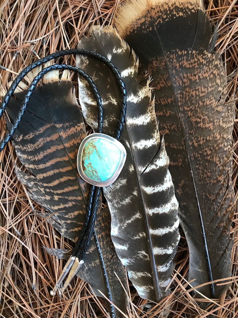 Kingman turquoise sterling silver bolo tie Western wedding birthday men women unisex Zoom attire Handcrafted Approx 1 1 2 x 1 12 inches