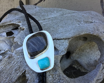 Striking turquoise and petrified wood handcrafted bolo tie.  Gift,anniversary, retirement, graduation, birthday, wedding, Zoom wear