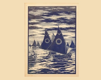 Giuseppe Mainini-xylograaf: Italiaans zeegezicht, gesigneerde print jaren 1920 (45 x 36 cm)