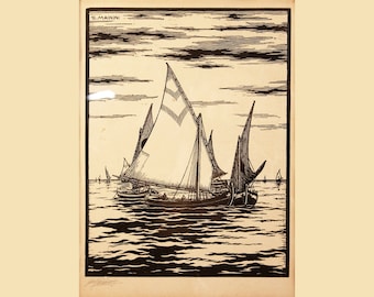 Giuseppe Mainini-xylograaf: gesigneerde Italiaanse zeegezichtprint uit de jaren 1920