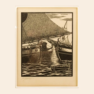 May include: A black and white woodcut print of three ships docked at a pier. The ships have sails and masts, and the water is depicted with wavy lines. The artist's signature, "G. Mainini", is in the upper right corner.