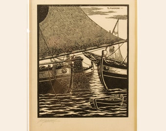 Giuseppe Mainini-xylograaf: gesigneerd Italiaans zeegezicht uit de jaren 1930, 45 x 36 cm