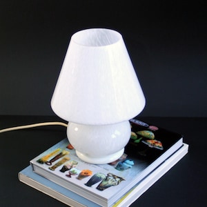 May include: A white glass table lamp with a white fabric shade. The lamp is sitting on top of a stack of books.