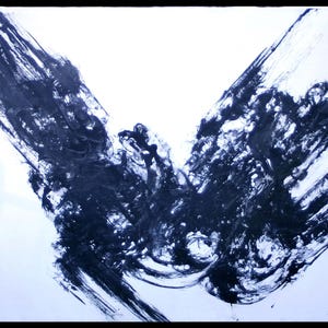 May include: Abstract painting with bold brushstrokes in dark blue against a white background. The artwork features dynamic, sweeping lines that create a sense of movement and energy. The composition is centered, with the dark blue paint forming a wing-like shape.