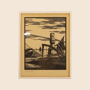 May include: A black and white woodcut print of a seascape with a boat and a lighthouse. The print is signed "G. Mainini" in the upper left corner.
