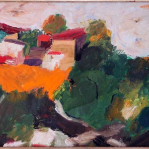 May include: An abstract oil painting depicting a village scene. The artwork features houses with red roofs, set against a backdrop of lush green trees and an orange foreground. The painting is framed in a wooden border.