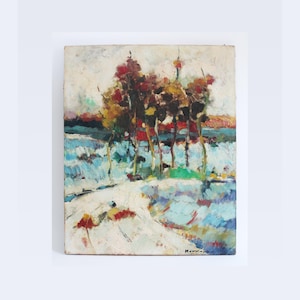 May include: Abstract landscape painting with a group of trees in the center, painted in shades of red, yellow, blue, and green. The trees are set against a white background with a hint of blue in the distance.