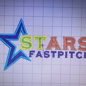 May include: A blue star with a rainbow colored word "STARS" and the words "FASTPITCH" in blue below it.