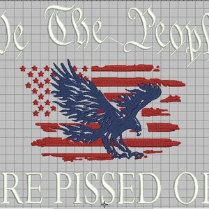 May include: A distressed American flag with a blue eagle flying over it. The text "We The People Are Pissed Off" is written in white cursive lettering.