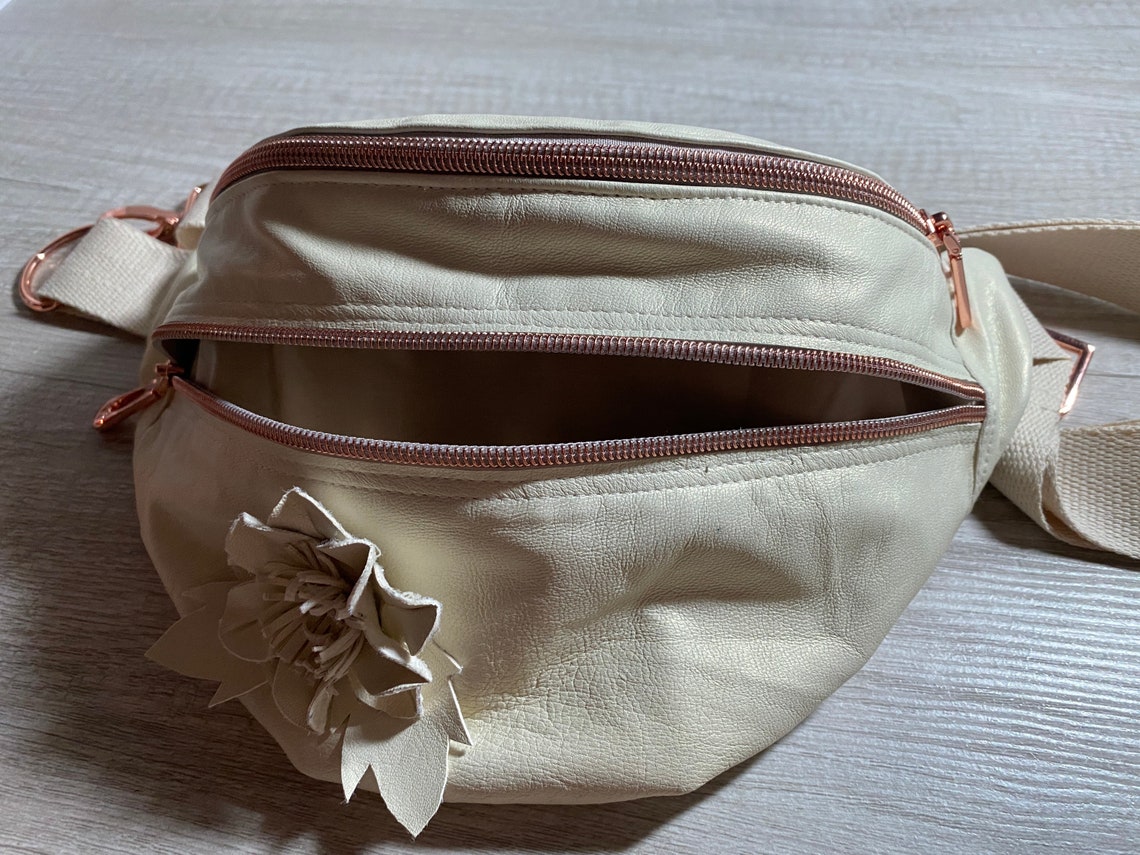 Ivory Leather Shoulder Bag Fanny Pack With Flower Women's Etsy UK