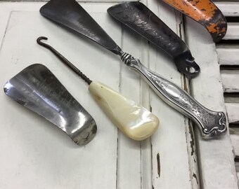 Conjunto de calçadeira vintage, prata de lei, gancho de madrepérola, décadas de 1940 e 1950.