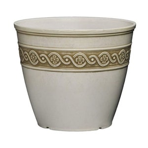 May include: A white planter with a brown decorative band around the middle. The band features a repeating pattern of stylized flowers and swirls.