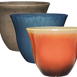 Honeysuckle Collection - Resin Planter - Beige, Blue, or Ombre Orange Plant Pots - Office Decor - 13&quot; Diameter Pot, 10.5&quot; Tall