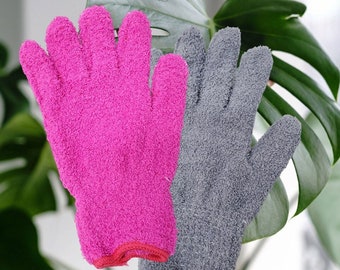 Microfiber Dusting Gloves for Plant Care | Gray or Pink Ultra-Soft, Fluffy Microfiber Glove Pair for Plant Cleaning