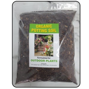 May include: A bag of organic potting soil formulated for outdoor plants. The bag is labelled with the text "ORGANIC POTTING SOIL" and "Formulated for OUTDOOR PLANTS". The bag contains 4 quarts of soil and is made up of 70% Canadian Peat, 20% 3/8 Pine Bark, and 10% Vermiculite.