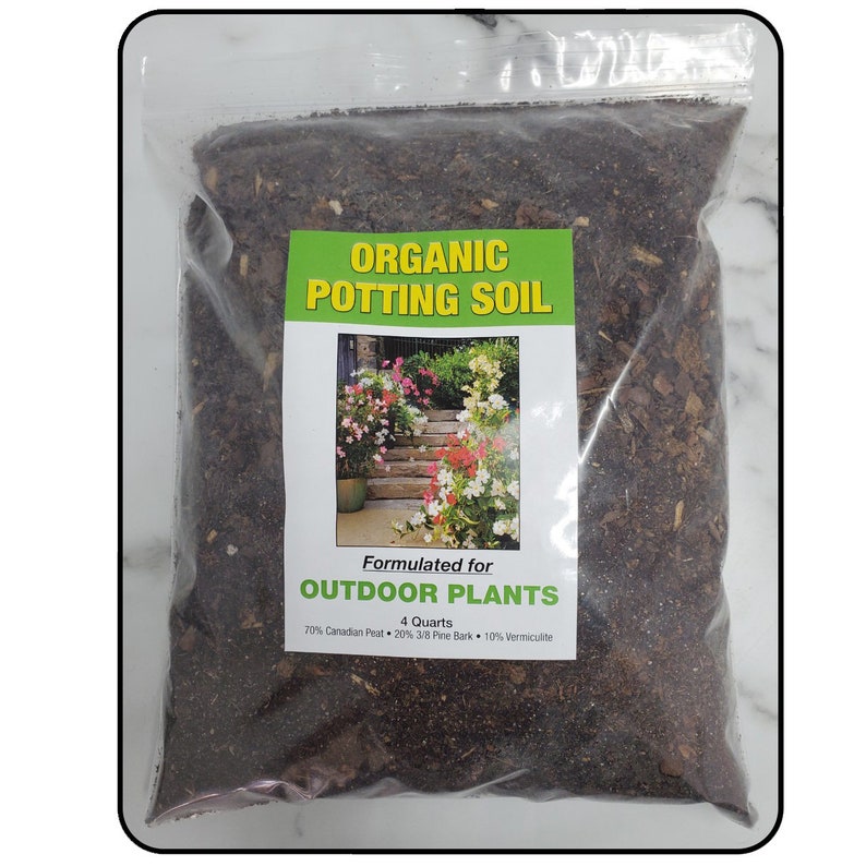 May include: A bag of organic potting soil formulated for outdoor plants. The bag is labelled with the text "ORGANIC POTTING SOIL" and "Formulated for OUTDOOR PLANTS". The bag contains 4 quarts of soil and is made up of 70% Canadian Peat, 20% 3/8 Pine Bark, and 10% Vermiculite.