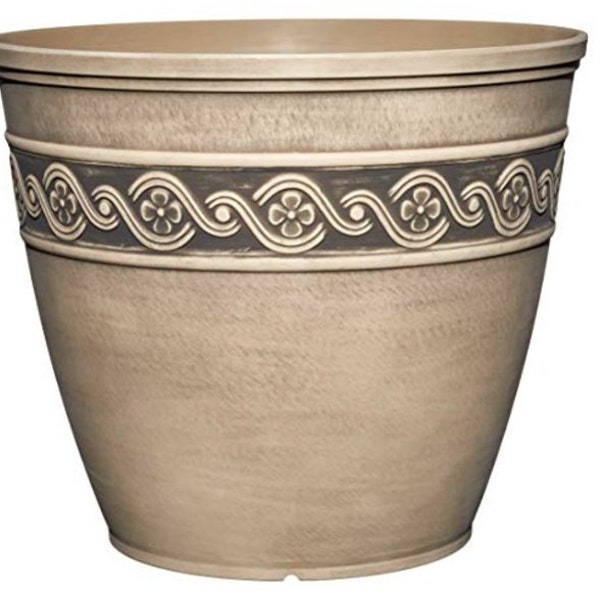 13" Diameter Corinthian Concrete Resin Pot with Drainage - Beige Contemporary Pot - Large Planter Pot - Indoor Planter