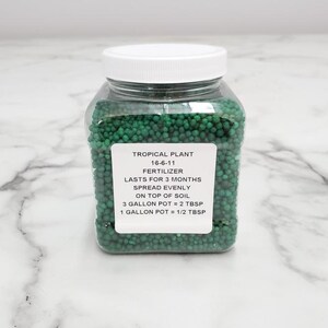 May include: A clear plastic jar filled with green fertiliser granules. The label reads "TROPICAL PLANT 16-6-11 FERTILISER LASTS FOR 3 MONTHS SPREAD EVENLY ON TOP OF SOIL 3 GALLON POT = 2 TBSP 1 GALLON POT = 1/2 TBSP"