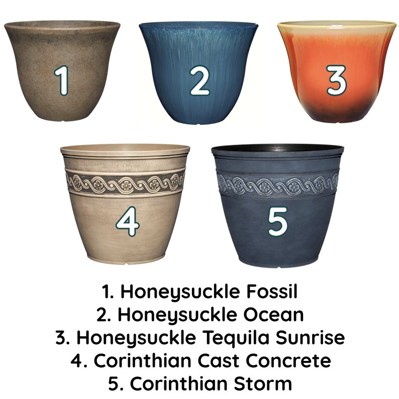 May include: Five different plastic flower pots in various colours and styles. The pots are numbered 1 through 5. The pots are labelled with the names Honeysuckle Fossil, Honeysuckle Ocean, Honeysuckle Tequila Sunrise, Corinthian Cast Concrete, and Corinthian Storm.
