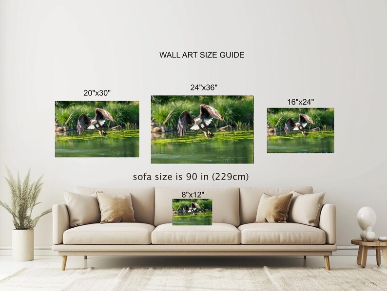 May include: A guide for choosing the right size wall art for your home. The guide shows different sizes of wall art with a sofa in the foreground. The text on the guide reads "Wall Art Size Guide" and includes the following sizes: 20"x30", 24"x36", 16"x24", and 8"x12". The text also reads "sofa size is 90 in (229cm)".