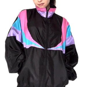 Nylon Windbreaker 80s 90s Vintage Black Pink Purple Blue Jacket - Size Women&#39;s Large