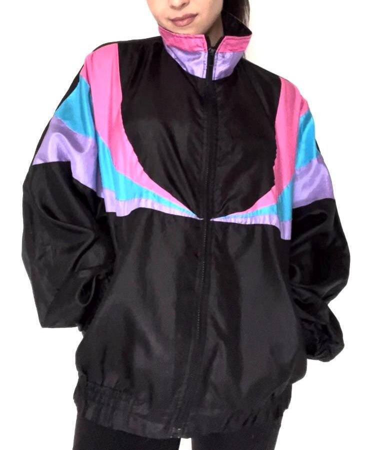 Nylon Windbreaker 80s 90s Vintage Black Pink Purple Blue Jacket