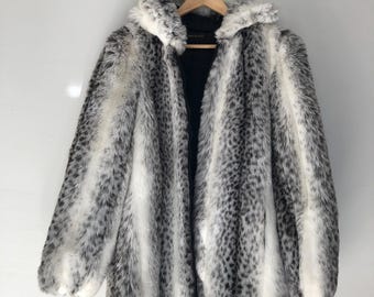 Hooded Zip Up 1980s 1990s Vintage Leopard Faux Fur Coat - Size Large - New With Tags