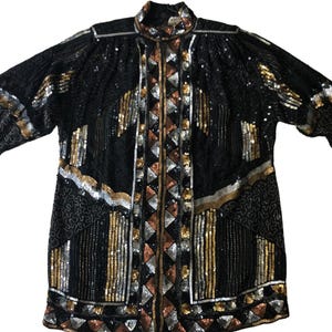 Blusa vintage 100% seda com lantejoulas e miçangas, preta, bronze, dourada, prateada e metálica - tamanho GG