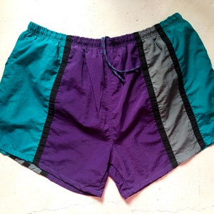 Vintage 80s Bright Purple Black Grey and Teal Swim Trunks - Size 2XL