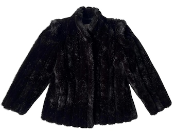 May include: A black faux fur jacket with a button closure and a collar.